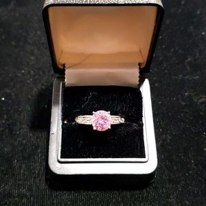Silver Tone Ring w/ Round Pink Sapphire & CZ Stones on each side